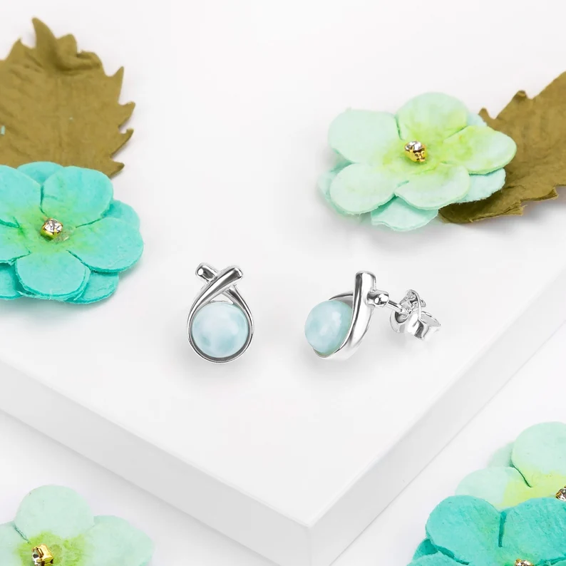 Natural Larimar and Sterling Silver Stud Earrings Larimar Jewelry Birthstone Gift Classic Studs