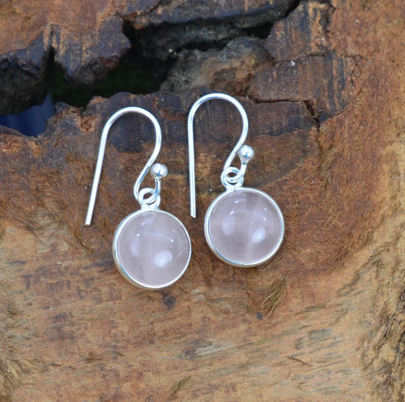 Runde Rosenquarz-Edelstein-Ohrringe 925 Sterling Silber Designer Ohrringe Januar Geburtsstein Ohrringe Handgefertigte Ohrringe Rosenquarz-Ohrringe Geschenk für Sie