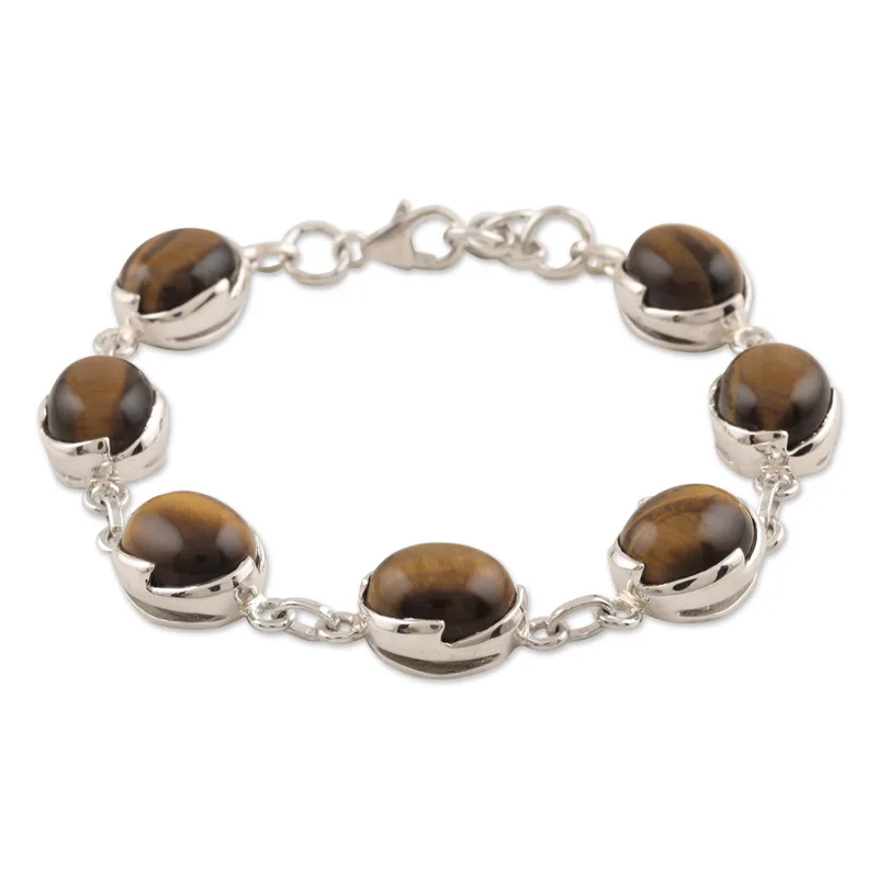 Artisan Crafted Tiger Eye Link Bracelet 925 Sterling Silver Boho Dainty Jewelry Gift For Her Valentine Day Gift