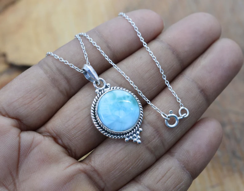 Blauer Larimar 925 Sterling Silber Edelstein Anhänger Halskette Minimalistische Larimar Edelstein Halskette Blaue Larimar Halskette Geschenk für Sie