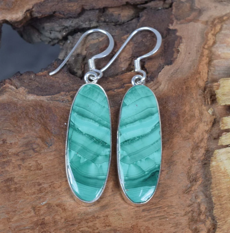 Green Malachite 925 Sterling Silver Natural Green Gemstone Hook Earring April Month Birthstone Handmade Jewelry Gift For Her & Mom