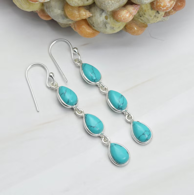 Blauer Türkis 925 Sterling Silber Edelstein Haken-Ohrringe Handgefertigter Schmuck 925er Silber Geschenk zum Jubiläum 3 Stein Schmuck