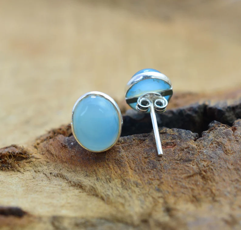 Blauer Chalcedon 925 Sterling Silber Ohrstecker Ovale Form Edelstein Handgemachter Böhmischer Schmuck Geschenk Für Sie