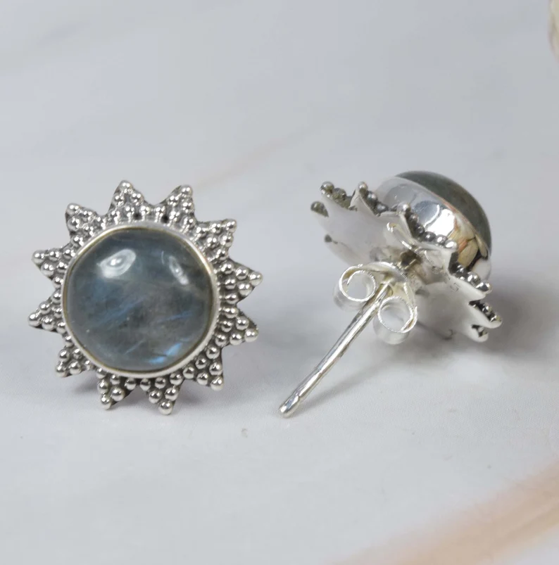 Natural Labradorite 925 Sterling Silver Gemstone Flower Designer Stud Earring March Birthstone Handmade Jewelry Gift For Anniversary