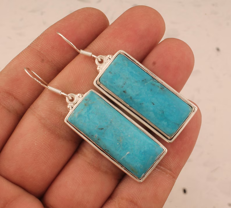 Ohrringe aus massivem 925er Sterlingsilber mit Türkis für Damen, handgefertigte Ohrringe mit Stäbchen und rechteckigen Edelsteinen, Geschenkidee, Artisan Boho Silberohrringe