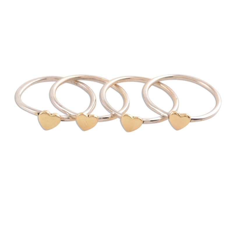 Silber- und Messingherz-Stapelring, handgefertigt aus 925er Sterlingsilber, Geschenk für sie