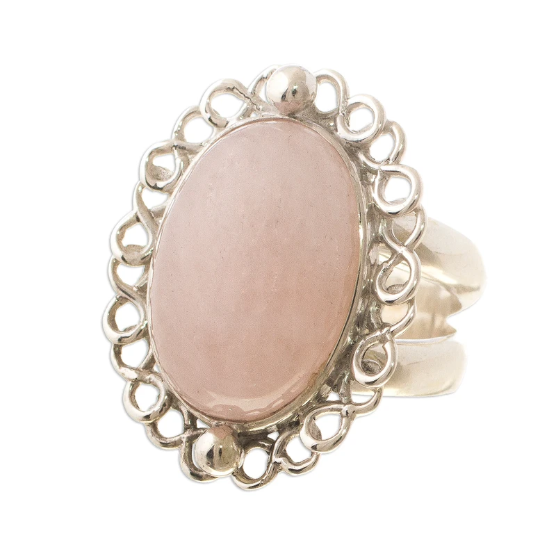 Pink Blossom Cocktail Ring with Rose Quartz 925 Sterling Silver Statement Ring Natural Stone Ring Gift For Her