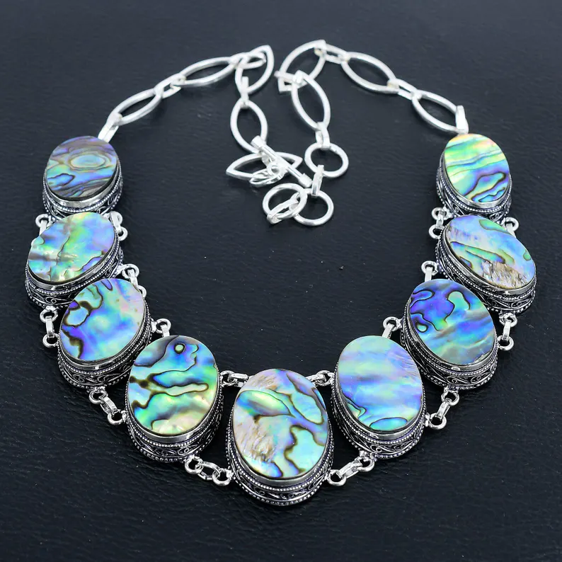 Abalone-Muschel-Halskette 925 Sterling Silber Halskette Echter Edelstein Handgefertigter Boho Schmuck Verstellbare Kette Vintage Schmuck Für Mutter