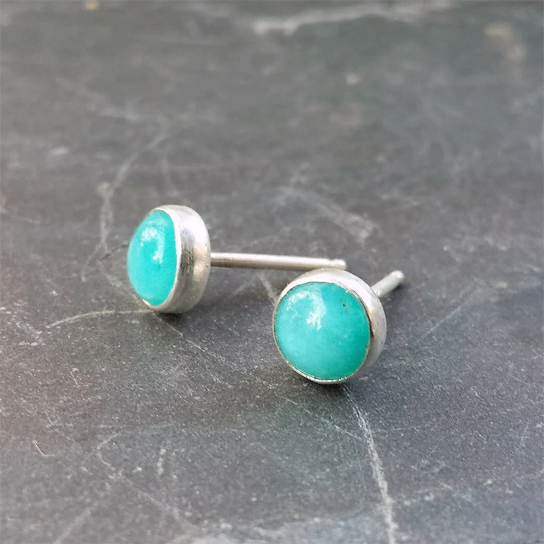 Amazonite Studs Aqua Blue Gemstone Earrings Minimalist Earrings Simple Jewelry 925 Sterling Silver Studs Gift For Her