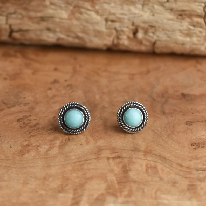 Genuine Amazonite Gemstone Studs Earrings Natural Blue Amazonite Minimalist Wire Wrapped Studs Silver Gemstone Studs Gift for Her