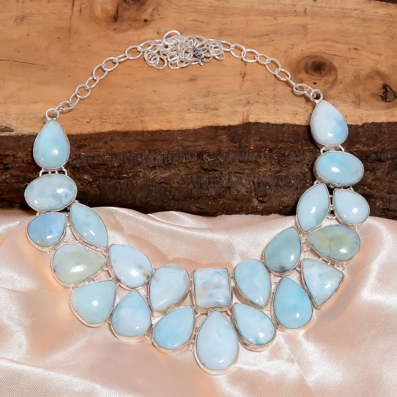 Larimar-Halskette 925 Sterling Silber Halskette Larimar Edelstein Halskette Choker Handgemachte Halskette Larimar Handgemachter Schmuck Geschenk für Liebe