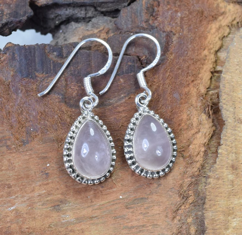 Rosa Rosenquarz 925 Sterling Silber Natürlicher Edelstein Schmuck Januar Geburtsstein Rosen-Ohrring Designer-Ohrring Geschenk zum Geburtstag