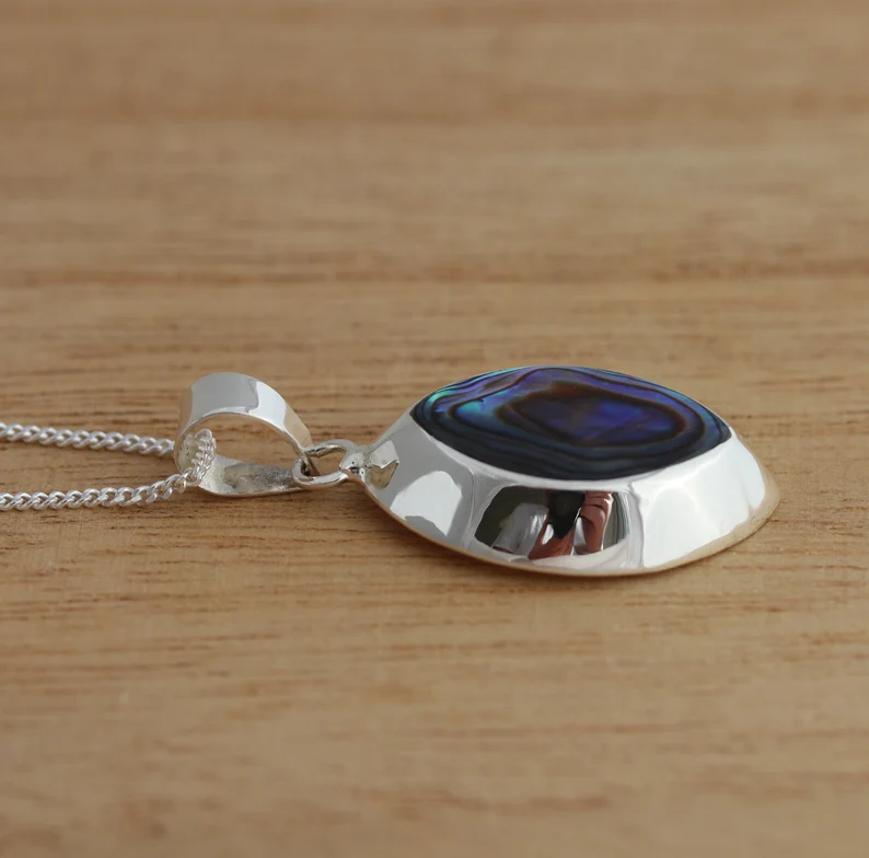 Massives 925 Sterling Silber Abalone Muschel Großer Anhänger Panzerkette Halskette Geschenkverpackt