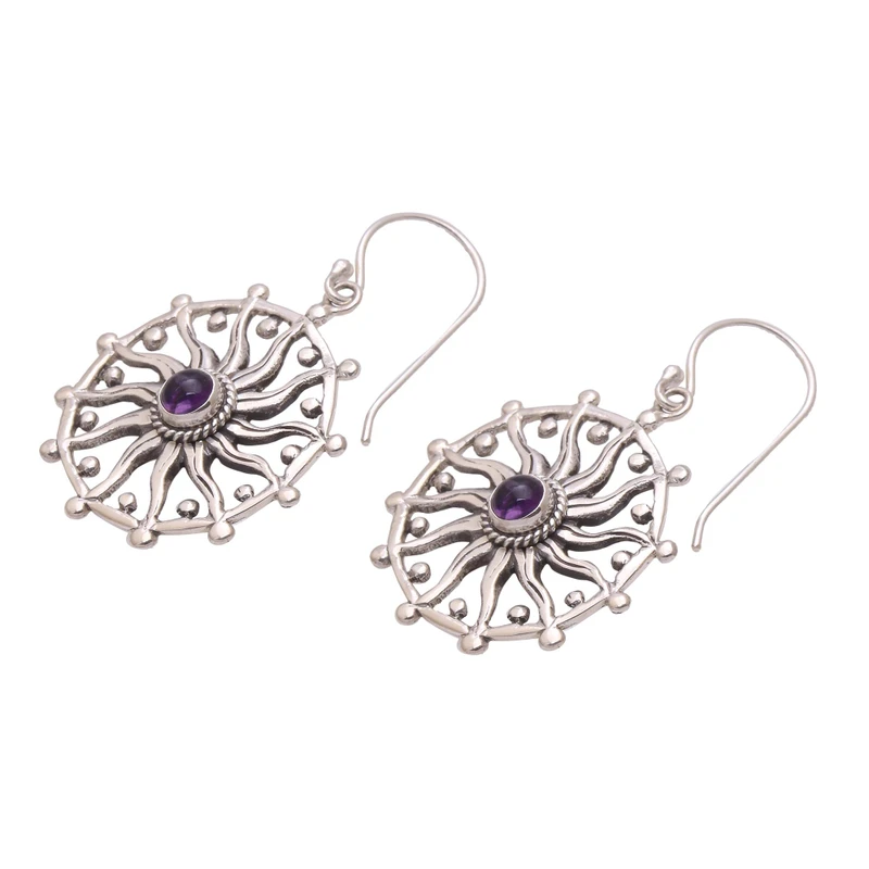 Sonnen-Design Amethyst Ohrringe Hängeohrringe 925 Sterling Silber Handgemachte Ohrringe Geschenkartikel Geburtstagsgeschenk
