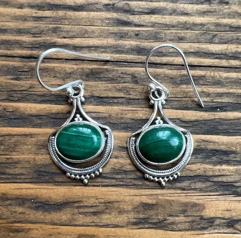 Malachite Earrings Oval Earrings Boho Green Oval Earrings 925 Sterling Silver Gift for Her Mother Day Gift For Her & Mom