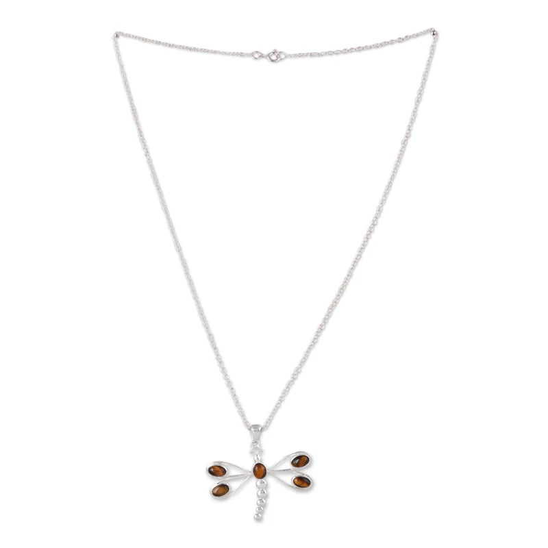 Braune Libellen-Tigerauge-Anhänger-Halskette Echte Edelsteinkette 925 Sterling Silber Böhmischer Schmuck Geschenk für Sie