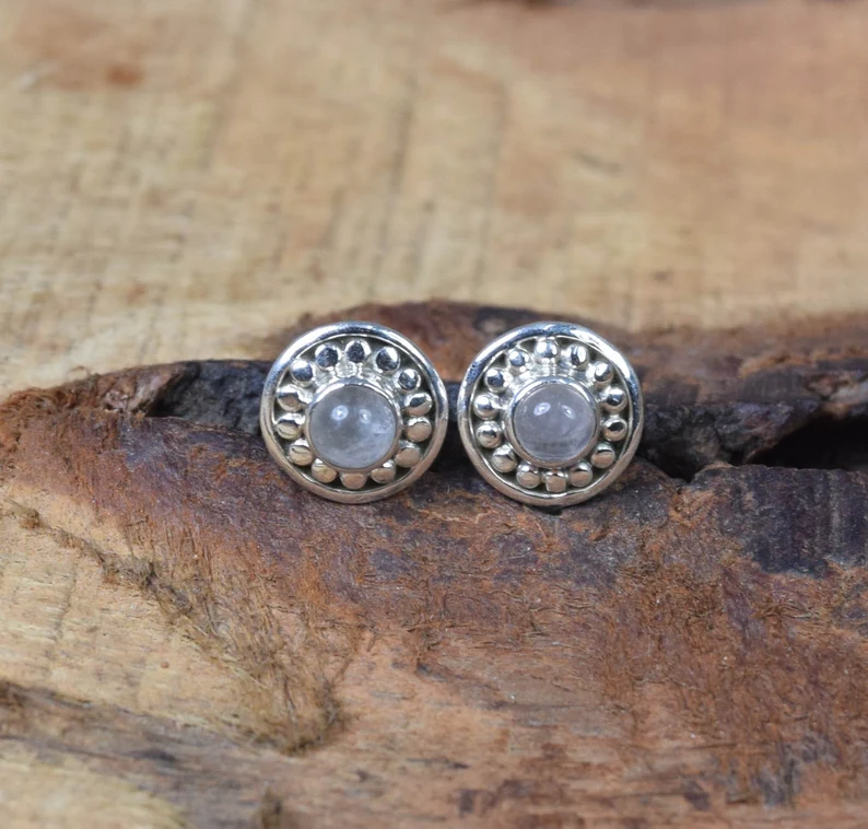 Rosa Rosenquarz 925 Sterling Silber Ohrstecker Runde Edelstein Ohrstecker Designer Ohrstecker Januar Geburtsstein Geschenk für Ehefrau & Sie