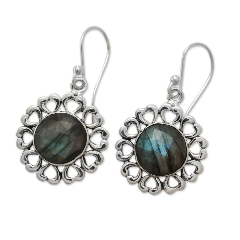 Handgefertigte Labradorit-Ohrringe mit Blumenmotiv, 925er Sterlingsilber, baumelnde Ohrringe mit blauem Edelstein, Labradorit-Schmuckgeschenk für sie