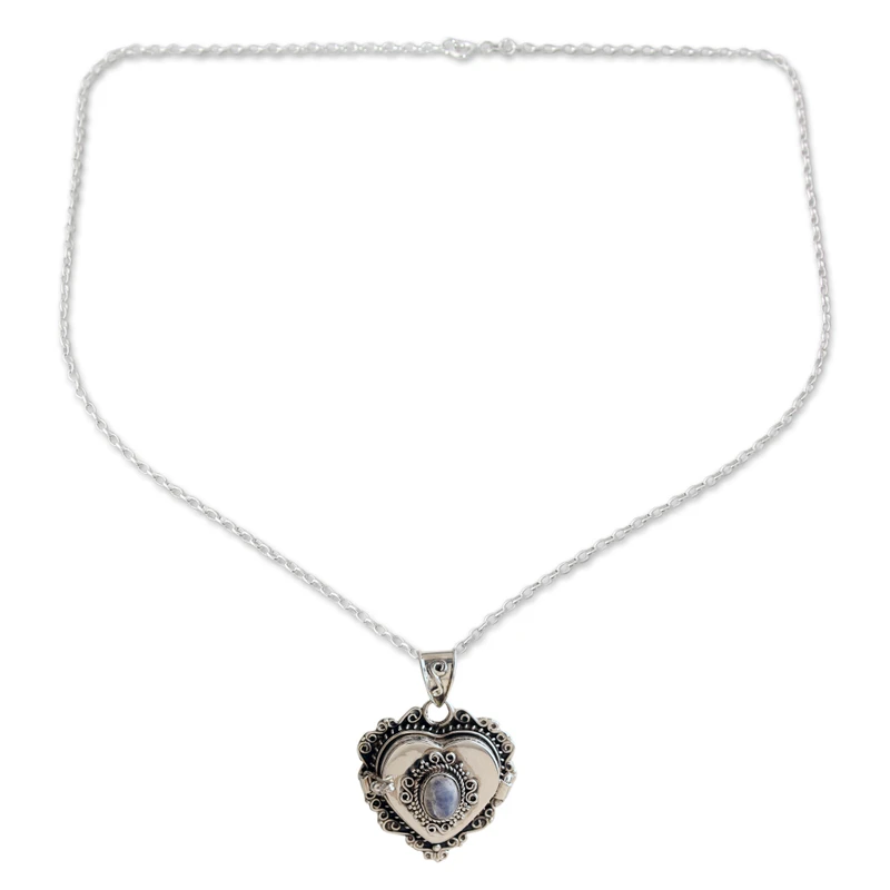 Herz-Medaillon-Anhänger-Halskette mit natürlichem Regenbogen-Mondstein aus 925er Sterlingsilber, handgefertigter böhmischer Schmuck, Jubiläumsgeschenk für sie und Mutter