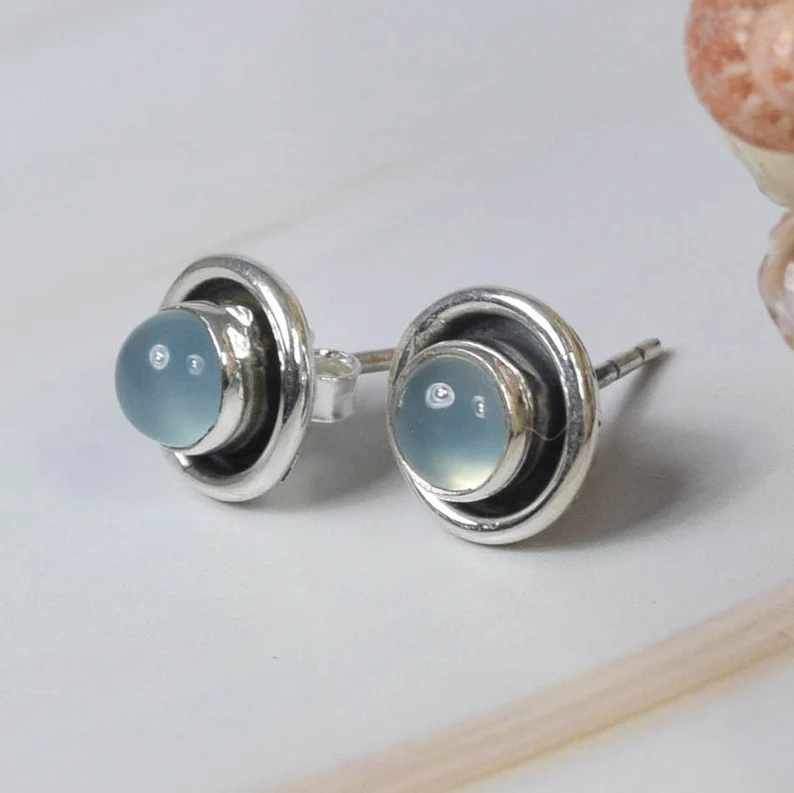 Aquamarin Chalcedon 925 Sterling Silber Edelstein Ohrstecker Handgemachter Schmuck Runde Form März Geburtsstein Geschenk zum Geburtstag