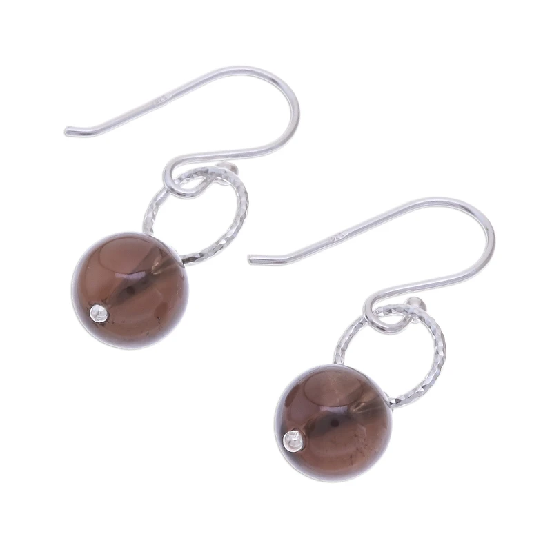 Round Smoky Quartz Dangle Earrings Women Stone Solid Silver Earring Handmade Boho Dainty Earring Gift For Her