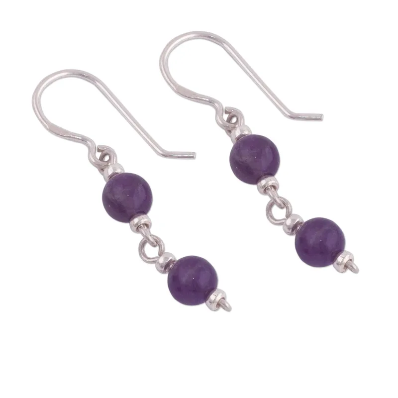 Baumelnde Ohrringe aus Sterlingsilber mit zwei Amethyst-Edelsteinen, handgemachte Ohrringe, Geschenkidee, Geburtstagsgeschenk, böhmischer Schmuck, Geschenk für sie