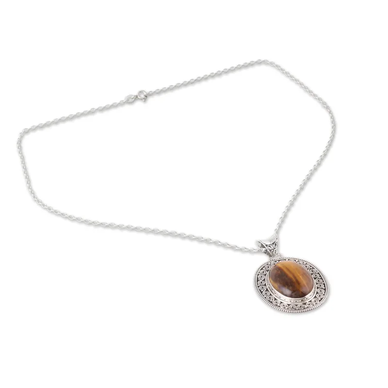 Ovale Tigerauge-Anhänger-Halskette, echter Edelstein, 925er Sterlingsilber, böhmischer Schmuck, Geschenk für sie