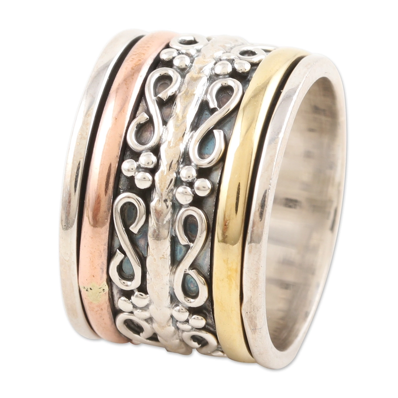 Meditationsspinner aus Silber, Messing und Kupfer, handgefertigt, Ring aus 925er Sterlingsilber, Geschenk für sie