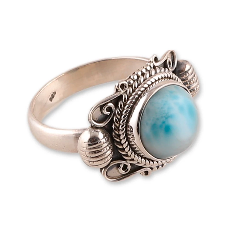 Traditional Hand Crafted Larimar Cocktail Ring 925 Sterling Silver Dainty Ring Gemstone Ring Women Ring Gift For Her