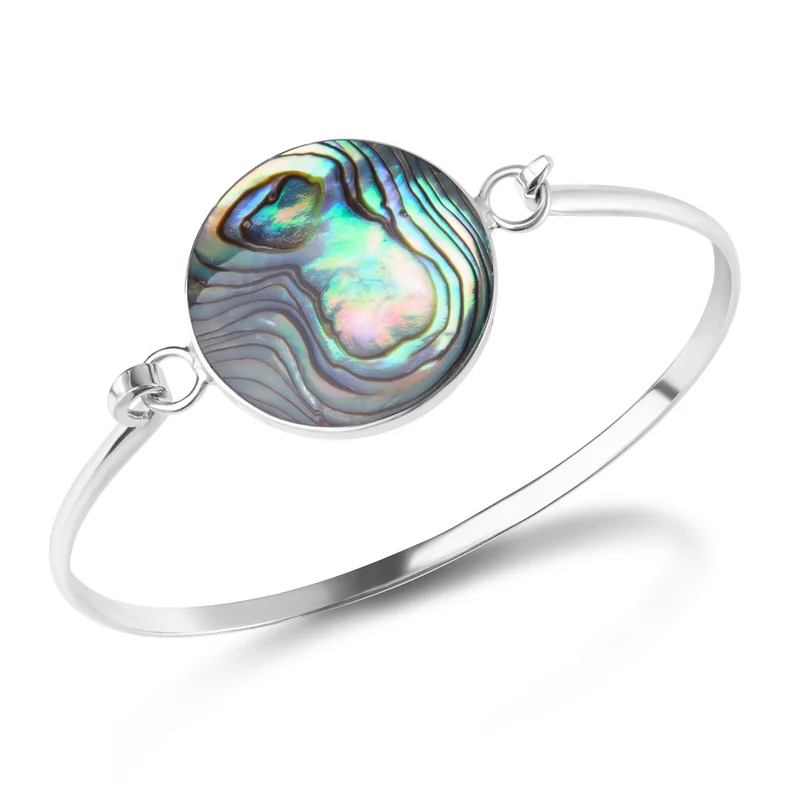 Natural Green Abalone Shell Round Shape Bangle Bracelet 925 Sterling Silver Boho Dainty Jewelry Gift For Her