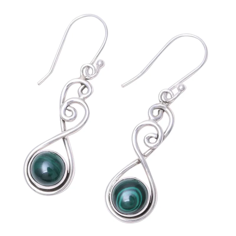 Round Malachite in Sterling Silver Swirls Dangle Earrings Handmade Women Minimalist Earrings Boho Dainty Jewelry Gift For Her