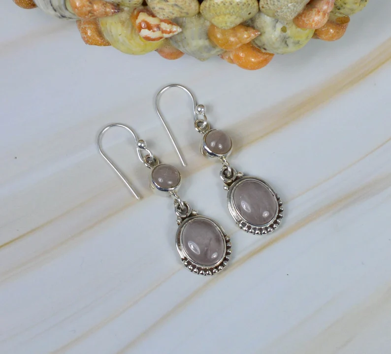 Rosa Rosenquarz 925 Sterling Silber Edelstein Haken-Ohrring Ovale Form Schmuck Handgemachter Schmuck Geschenk zum Jahrestag