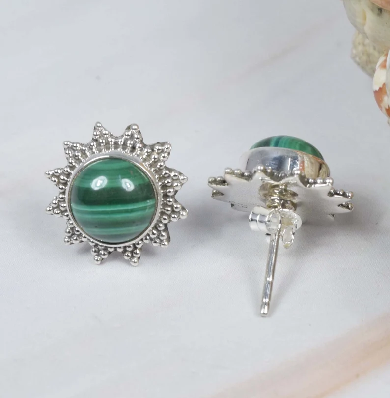 Grüner Malachit 925 Sterling Silber Runder Edelstein Blumen Designer Ohrstecker April Monats Geburtsstein Handgemachter Schmuck Geschenk Zum Geburtstag