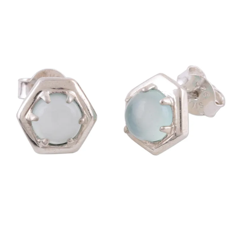 Hexagon Form Aquamarin-Chalcedon Ohrstecker 925 Sterling Silber Handgemachte Ohrstecker Alltags-Ohrringe Für Frauen Geschenk Für Sie
