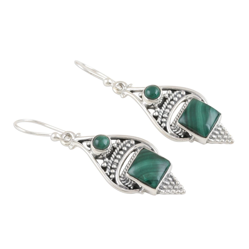 Green Ocean 925 Sterling Silver and Malachite Dangle Earrings Elegant Earring Boho Dainty Earring Handmade Jewelry Gift For Her