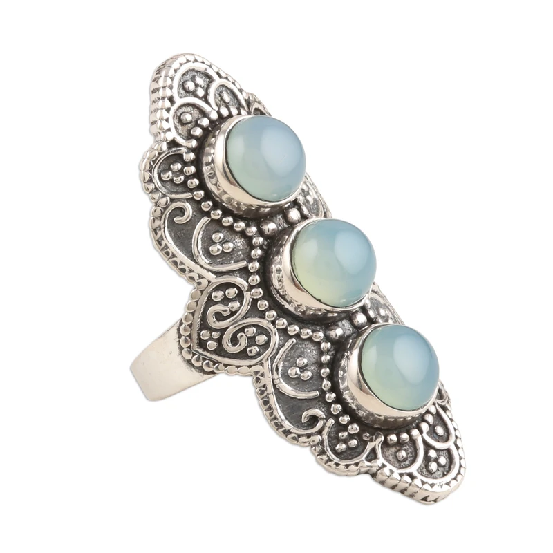 Geoxideerd Sterling Zilver Chalcedoon Cocktailring Brede Ringband Ring Boho Ring Blauwe Edelsteen Handgemaakte Statement Zilveren Ring Cadeau Voor Haar