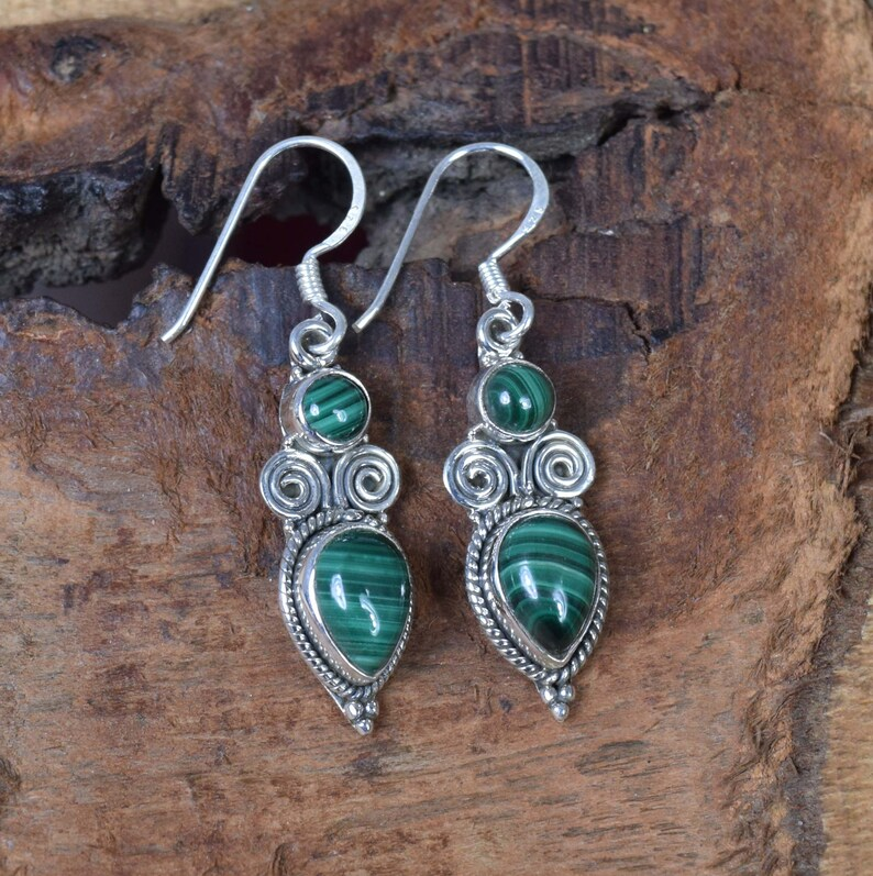 Green Malachite 925 Sterling Silver Gemstone Designer Hook Earring Handmade Earring Double Stone Earring Gift For Her