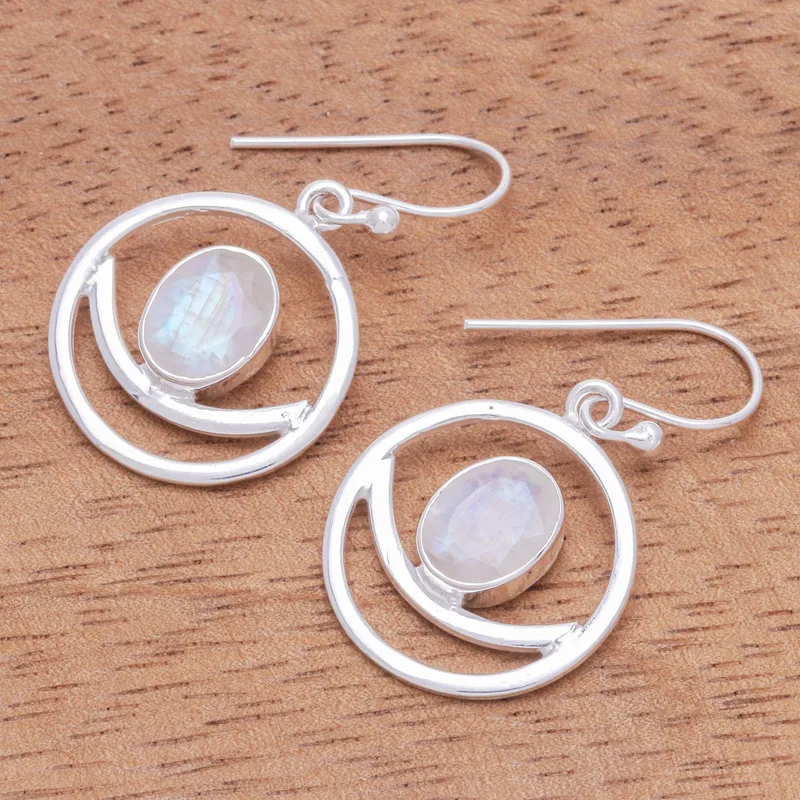 Handgefertigte Blaue Blitz Regenbogen Mondstein Ohrringe 925 Sterling Silber Ohrringe Handgemachte Edelsteinohrringe Geschenk Für Sie