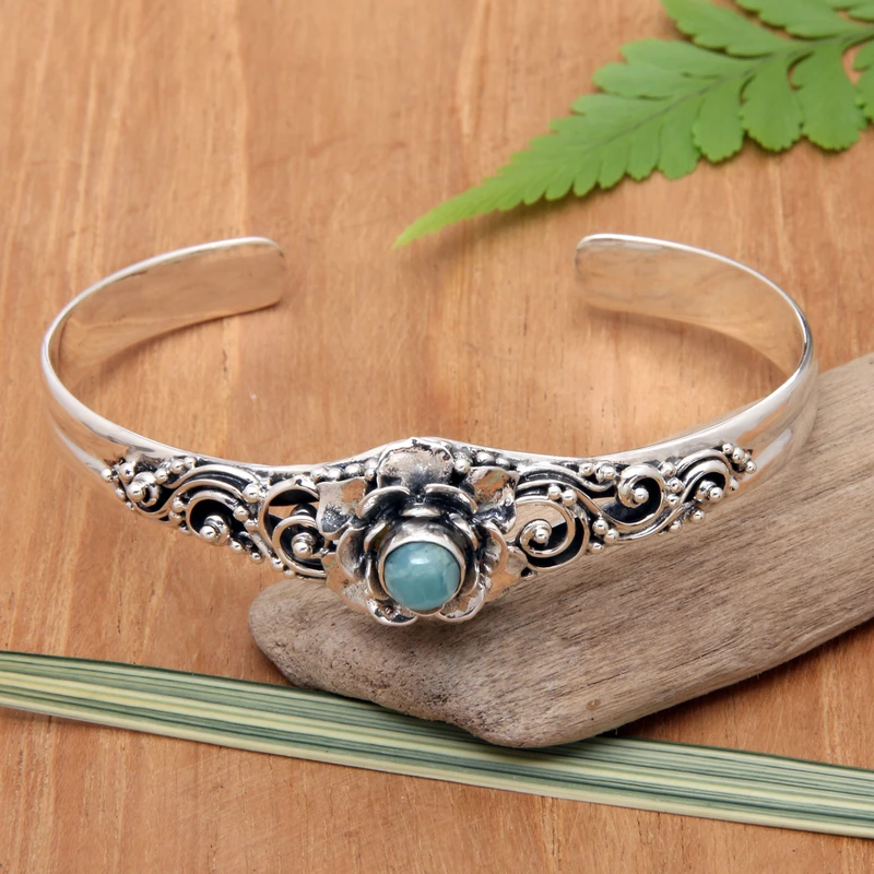Blumenmanschettenarmband Larimar-Armband 925 Sterling Silber Armband Bohemian Schmuck Charm Schmuck Valentinstagsgeschenk für Sie & Mama