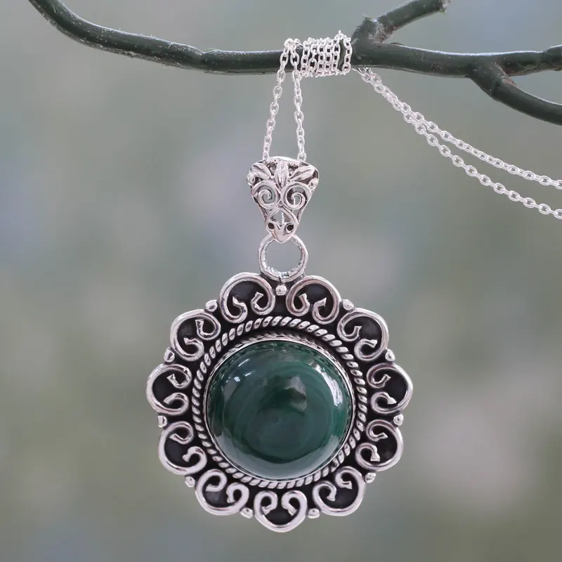 Natur-Malachit-Anhänger-Halskette aus 925er Sterlingsilber, böhmischer Schmuck, Geschenk für Mama und als Valentinstagsgeschenk