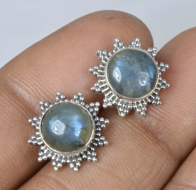 Natürlicher Labradorit 925er Sterling Silber Edelstein Blume Designer Ohrstecker März Geburtsstein Handgemachter Schmuck Geschenk zum Jahrestag