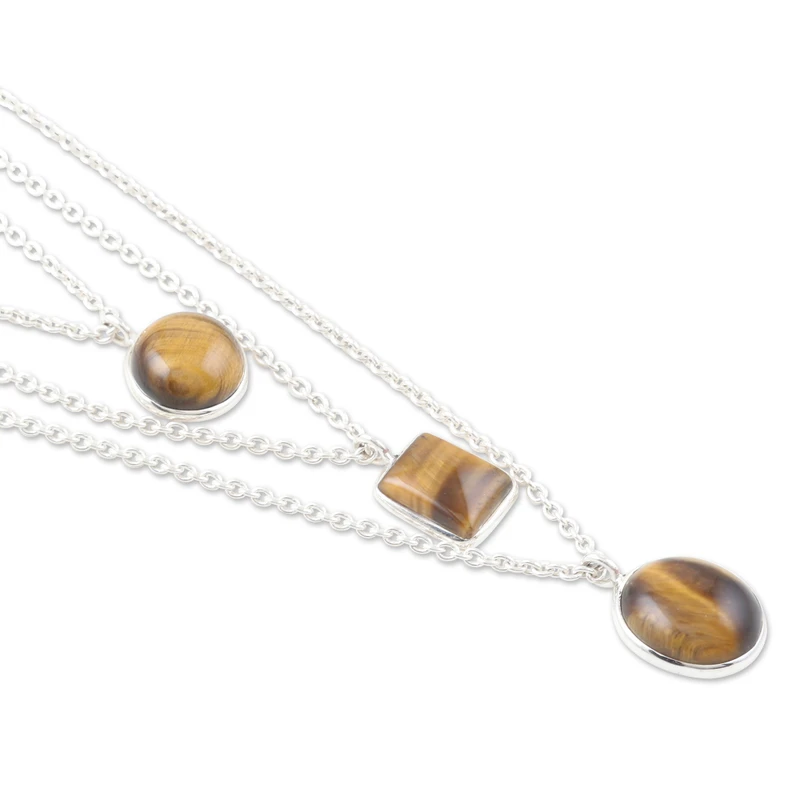 3-Strang-Tigerauge-Anhänger-Halskette Echte Edelstein-Halskette 925 Sterling Silber Böhmischer Schmuck Geschenk für Sie Geburtstagsgeschenk