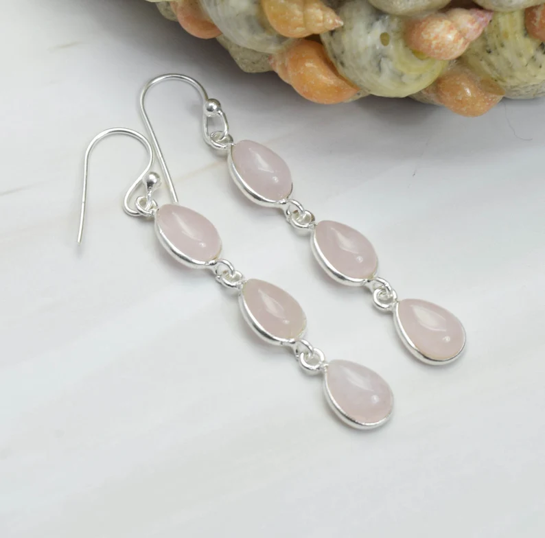 Rosa Rosenquarz 925 Sterling Silber Edelstein Haken-Ohrring Designer-Ohrring Tropfenform Schmuck Handgefertigter Schmuck Geschenk zum Jahrestag