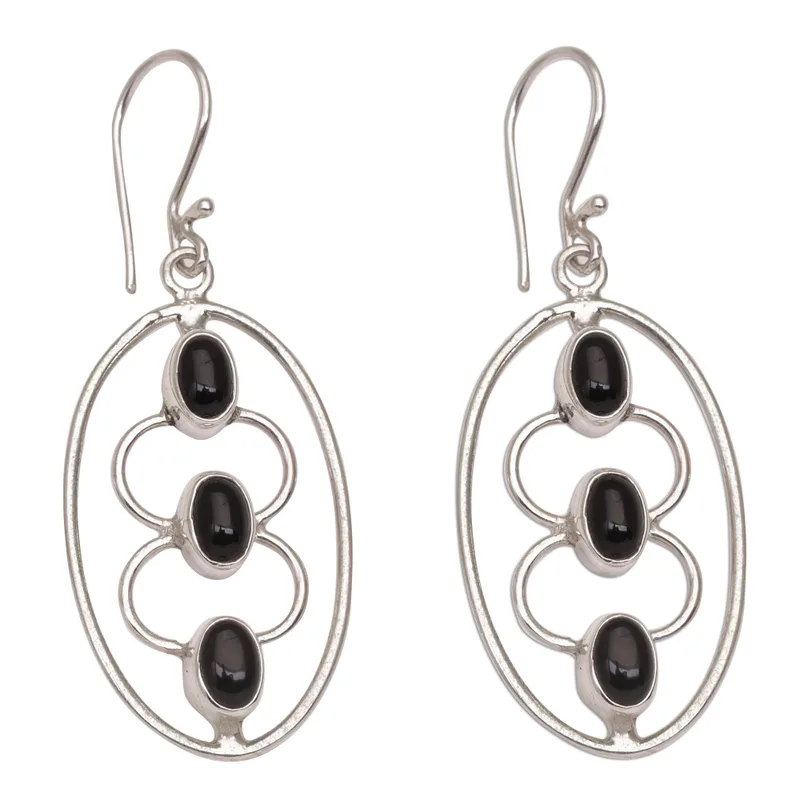 Ohrhänger aus Sterlingsilber mit ovalem schwarzem Onyx, handgemachte Ohrringe für Damen, Geschenke für Mama & Sie