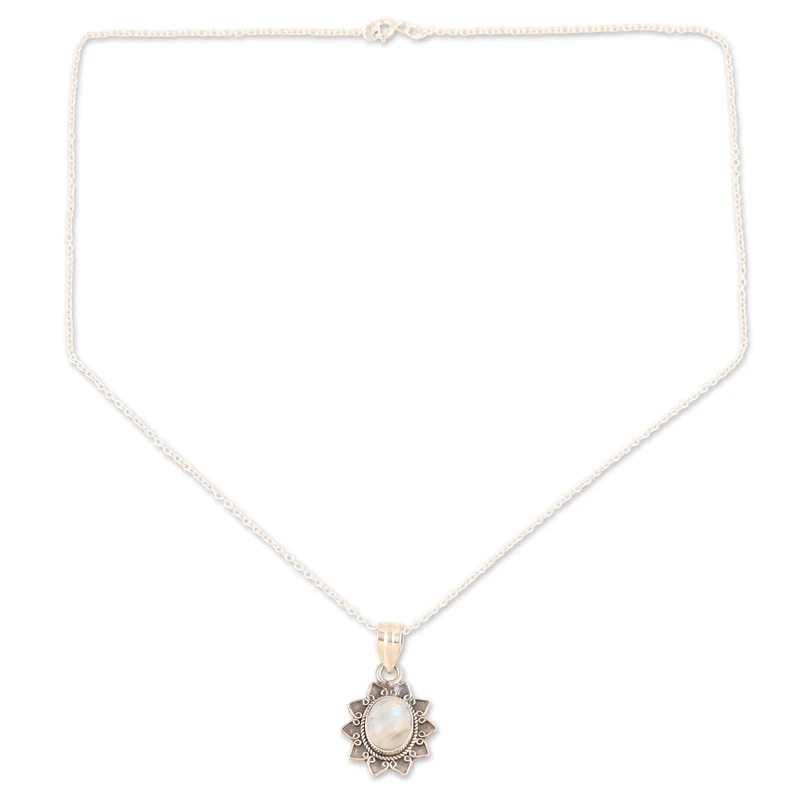 Regenbogen-Mondstein- & Sterling-Silber-Blumenanhänger-Halskette, natürlicher Feuer-Regenbogen-Mondstein, Geschenk für sie