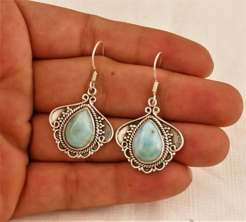 925 Sterling Massiv Silber Larimar Birnenstein Ohrringe Natürliche Larimar Edelstein Silber Ohrringe Handgefertigte Damen Hochzeitsgeschenk Ohrringe
