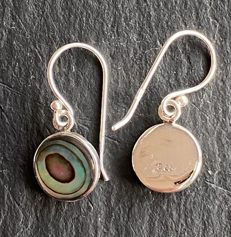 Runde Abalone-Muschel-Ohrringe, Edelstein-Ohrringe, Ohrringe aus 925er Sterlingsilber, Hängeohrringe, Statement-Ohrringe, baumelnde Ohrringe, Geschenk für Sie