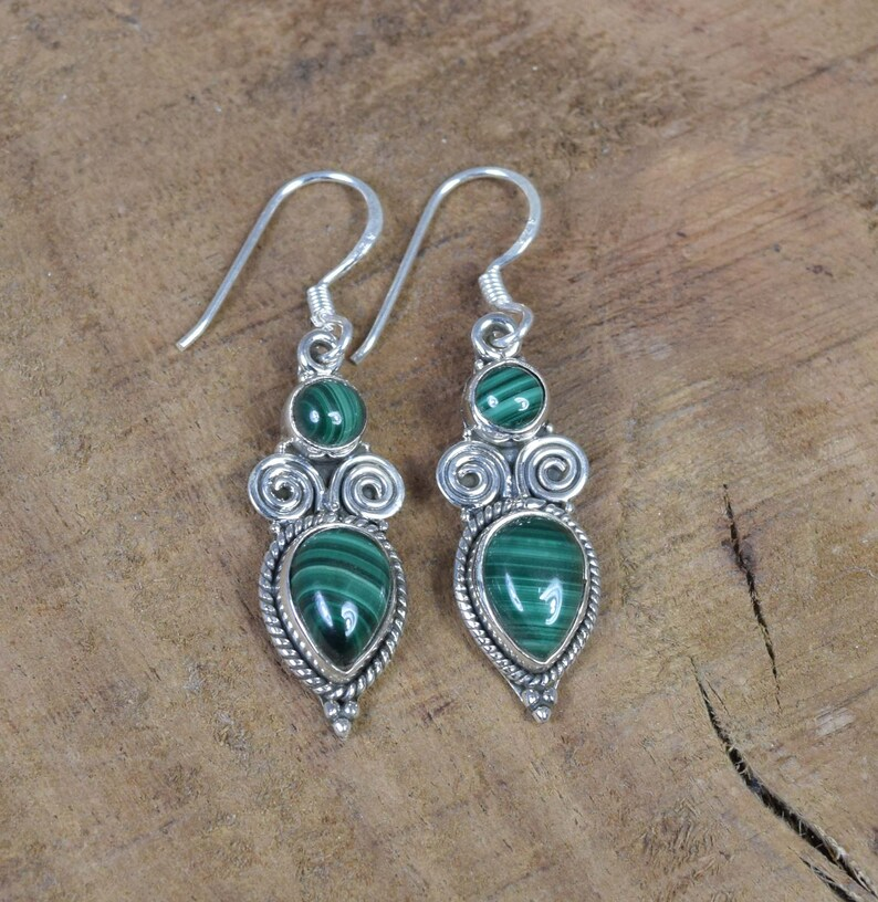 Grüner Malachit 925 Sterling Silber Edelstein Designer Haken Ohrring Handgemachter Ohrring Doppelstein Ohrring Geschenk für Sie