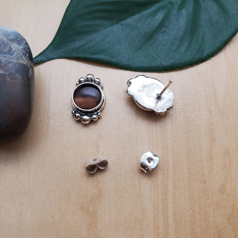 925 Sterling Silver Smoky Quartz Studs Earrings Trendy Gift For Her Women Minimalist Gemstone Jewelry Gift For Her