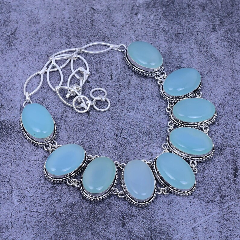 Aquachalzedon Edelstein-Halskette 925 Sterling Silber Halskette Verstellbare Kette Halskette Brauthalskette Handgemachter Schmuck Jubiläumsgeschenk